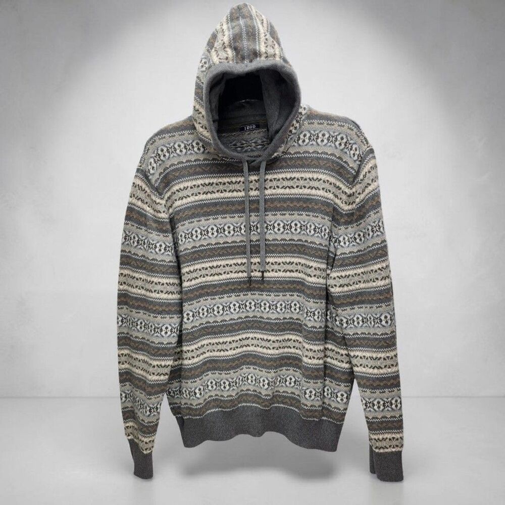 Izod Fair Isle Style Hooded Sweater Mens XXL Gray Tan Stripe Cabincore Nordic